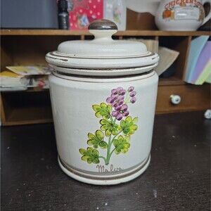Vintage Handmade Pottery Painted Malva Canister Purple Flowers Cottagecore